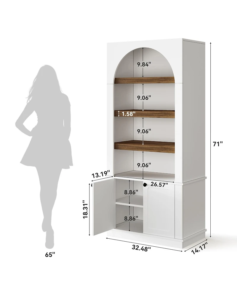 Tribesigns 71'' Tall Bookcase with Doors, 6-Tier Modern Arched Bookshelf, Freestanding Wooden Storage Cabinet
