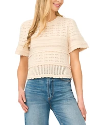 CeCe Women's Multi-Stitch Pointelle Short-Sleeve Sweater