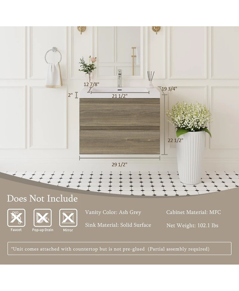 Sillysis 29.5 Inch Wall Mounted Bathroom Vanity with Resin Sink, Soft Close Drawers, Modern Storage Cabinet, Easy Installation
