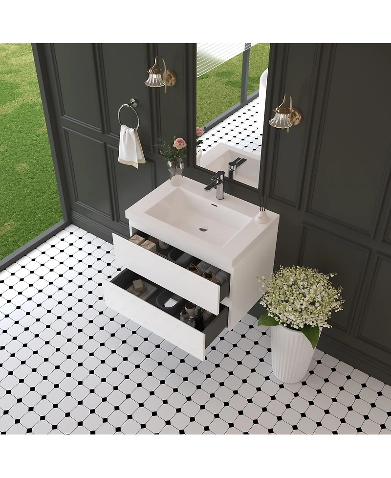Sillysis Inch Glossy Wall Mounted Bathroom Vanity with Resin Sink and Soft Close Drawers, Easy Installation