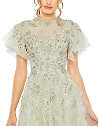 Mac Duggal Women's Illusion Neck Beaded Lace Flutter Sleeve Ball Gown