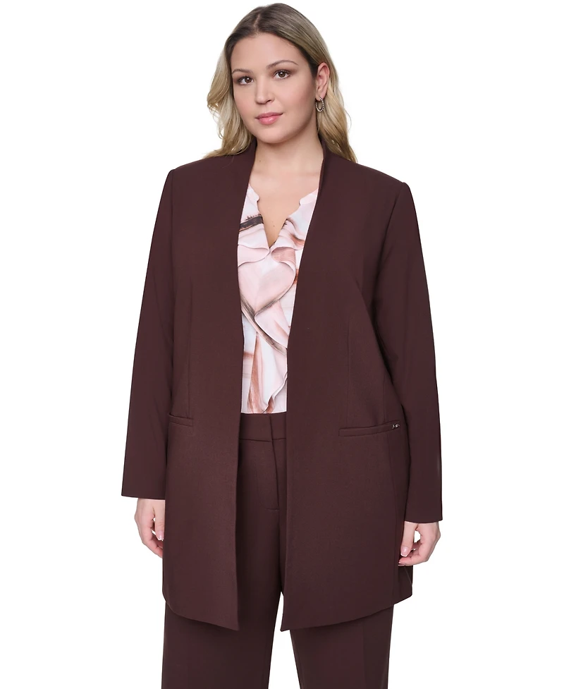 Calvin Klein Plus Collarless Open-Front Rollback-Cuff Jacket
