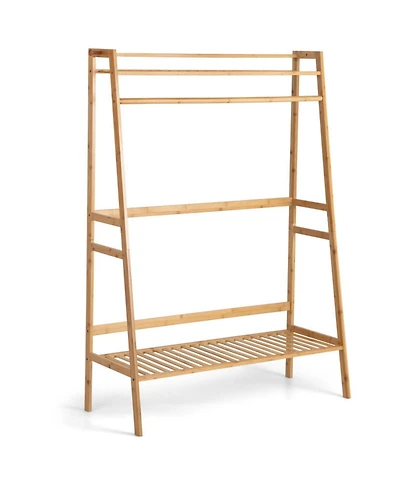 Gouun Bamboo Clothing Rack with 2-Tier Storage Shelves and Side Hooks