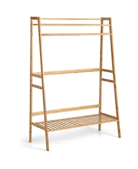 Gouun Bamboo Clothing Rack with 2-Tier Storage Shelves and Side Hooks