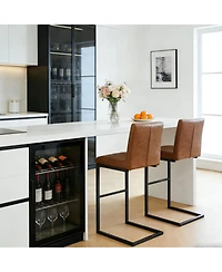 Flynama Faux Leather Bar Stools Set of 2, Metal Frame for Kitchen Island and Home Bar