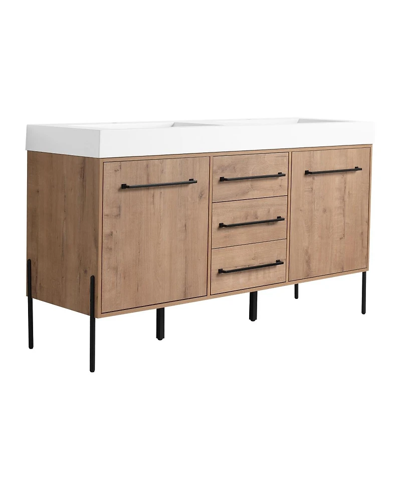 Sillysis Modern Double Sink Bathroom Vanity, Soft-Close Imitative Oak Plywood Cabinet, Water and Scratch Resistant for Bathroom