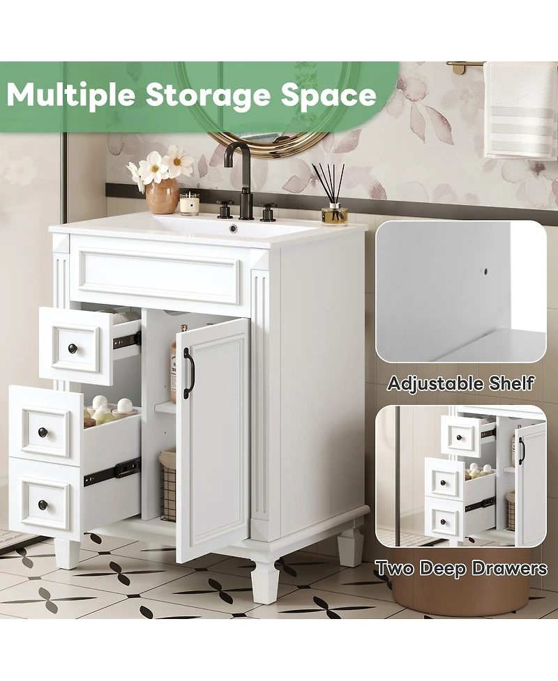 Sillysis Bathroom Vanity with Ceramic Sink, 2 Drawers and Adjustable Shelf, Modern French Freestanding Cabinet for Small Spaces