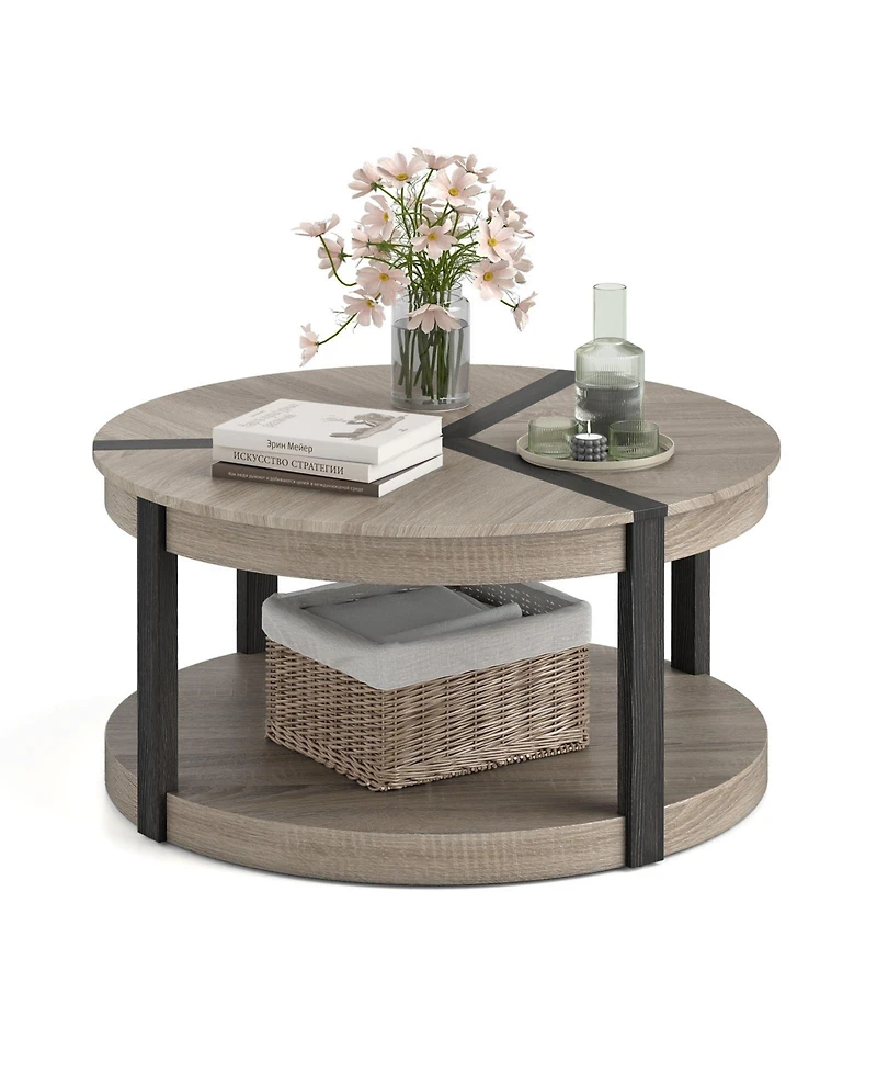 Slickblue Modern Rubber Wood Coffee Table 2-Tier Round Design with Storage Shelf