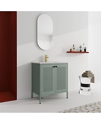 Sillysis Modern Steel Bathroom Vanity with Ceramic Sink, Mint Green Double Door Freestanding Cabinet, Adjustable Shelf