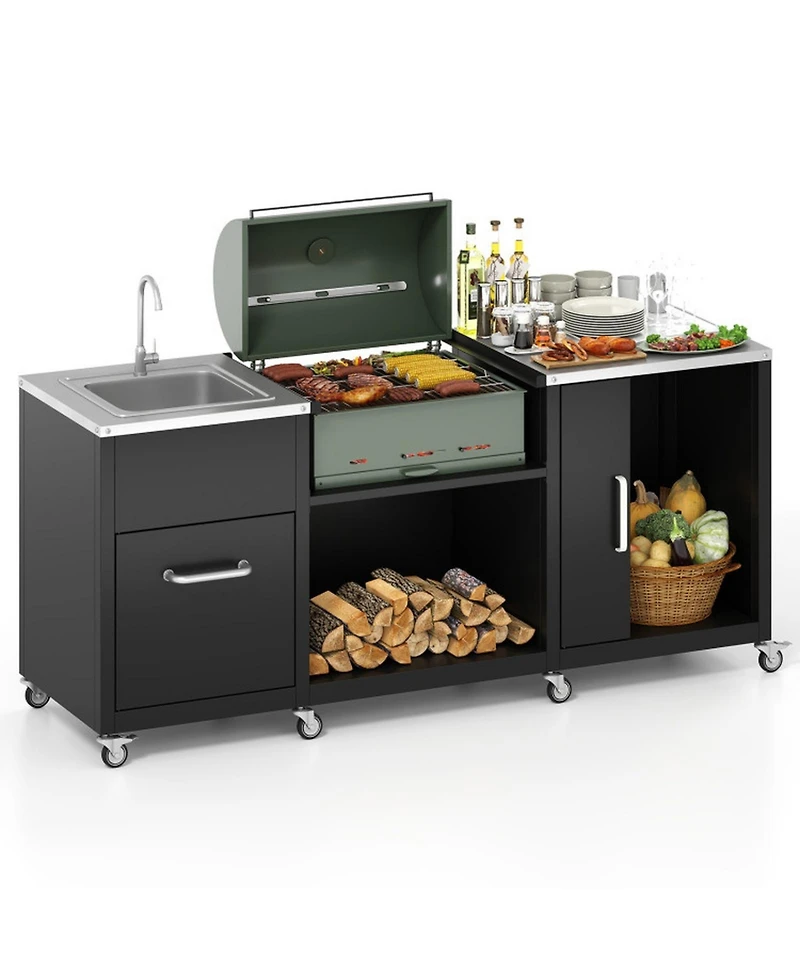 Gouun in Outdoor Grill Cart Table with Sink and Drainage, Stainless Steel Countertop