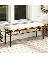 Sugift Wicker Patio Backless Dining Bench with Acacia Wood Seat