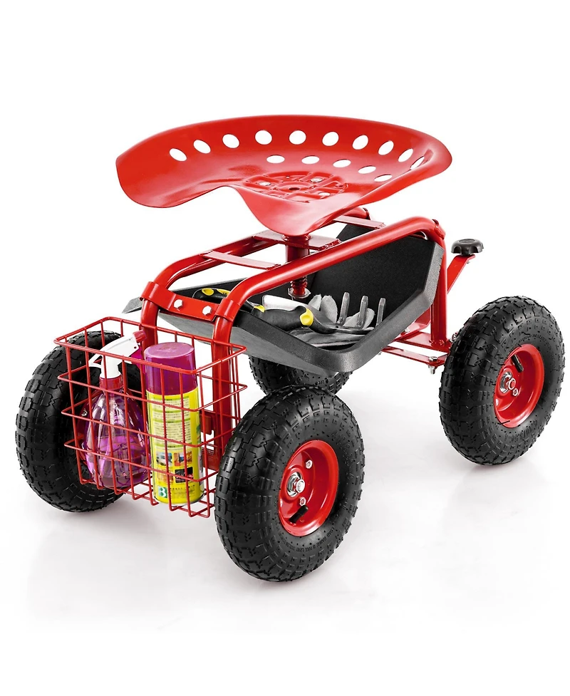 Sugift Four Wheel Rolling Garden Cart with Work Seat