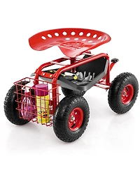 Sugift Four Wheel Rolling Garden Cart with Work Seat