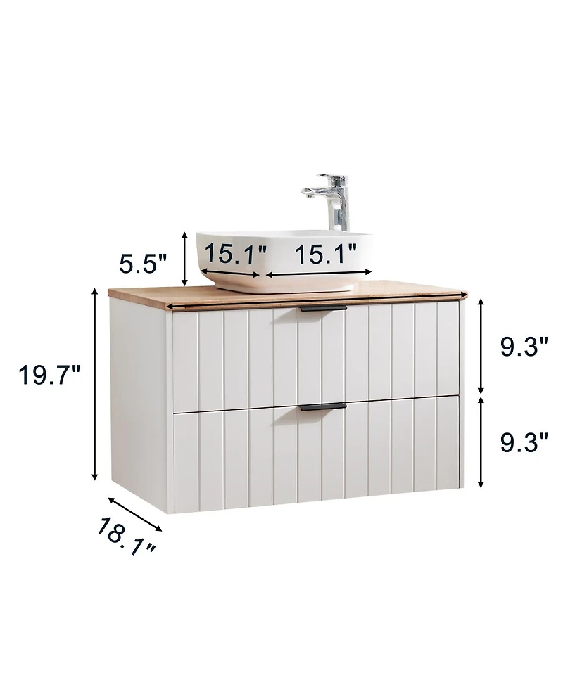 Sillysis Wall Mounted Bathroom Vanity with Solid Wood Top, Square Ceramic Sink, Double Drawers, Modern Storage for Small Spaces