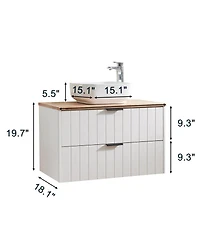 Sillysis Wall Mounted Bathroom Vanity with Solid Wood Top, Square Ceramic Sink, Double Drawers, Modern Storage for Small Spaces