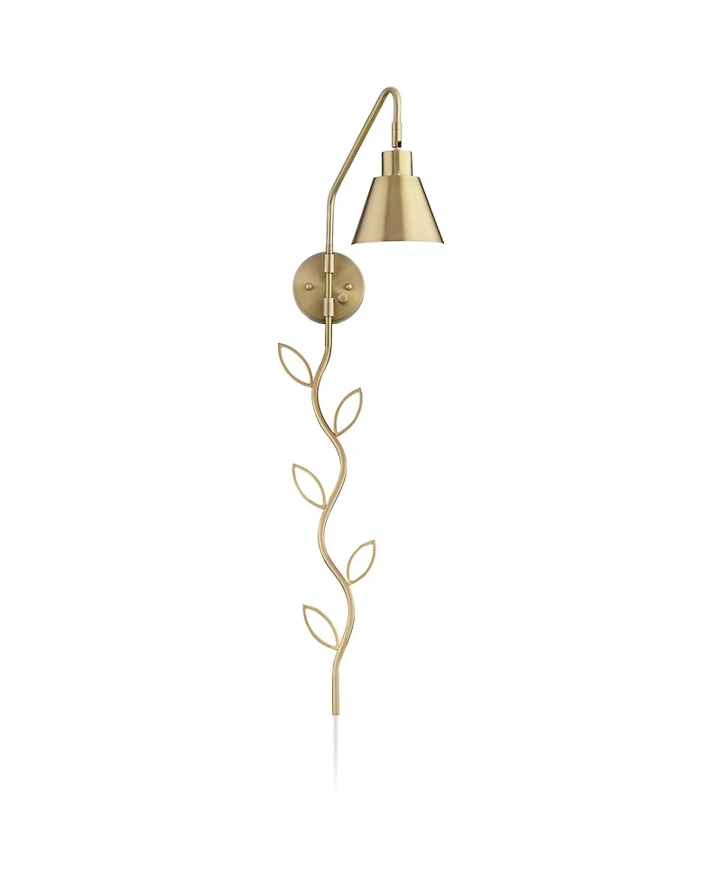 360 Lighting Marybel Modern Swing Arm Wall Lamp with Cord Cover Brass Gold Plug-in Light Fixture Tapered Metal Shade for Bedroom Bedside Living Room