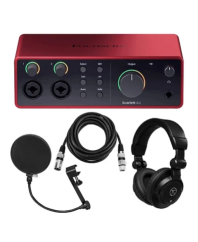 Focusrite Scarlett 4i4 4th Gen Usb Interface with Software Suite, Bundle with TAPH100 Headphones, 2x HandA 10' Xlr Microphone Cable and Pop Filter