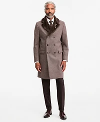 Tayion Collection Men's Regular Fit Tan Houndstooth Double-Breasted Overcoat