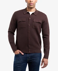 Spring + Mercer Men's Plus Long Sleeve Sweater With Full Buttoned Two Patch Pockets