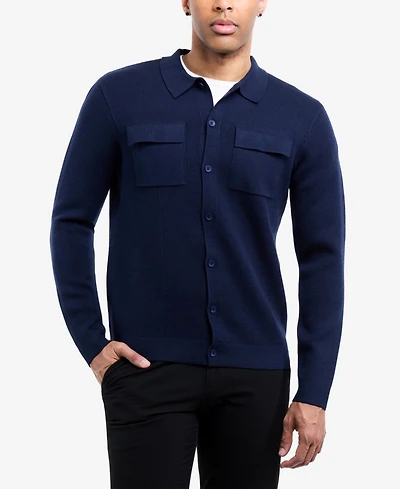 Spring + Mercer Men's Long Sleeve Sweater With Full Buttoned Two Patch Pockets