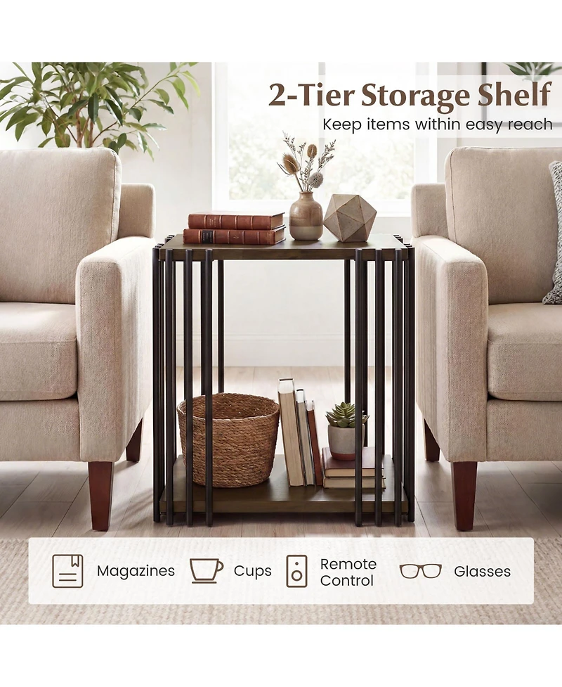 Slickblue 2 piece 2-Layer Storage Side Table with Rubber Wood Surface and Durable Metal Frame-Walnut