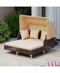 Gouun Wicker Outdoor Daybed with Retractable Canopy and Cushions