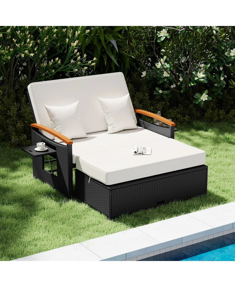 Gouun 3-in-1 Outdoor Wicker Daybed with Folding Side Panels and Ottoman