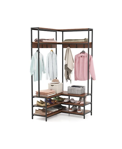 Gouun L-Shaped Corner Hall Tree with 7 Hooks, Shelves and Shoe Bench