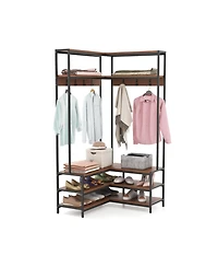 Gouun L-Shaped Corner Hall Tree with 7 Hooks, Shelves and Shoe Bench