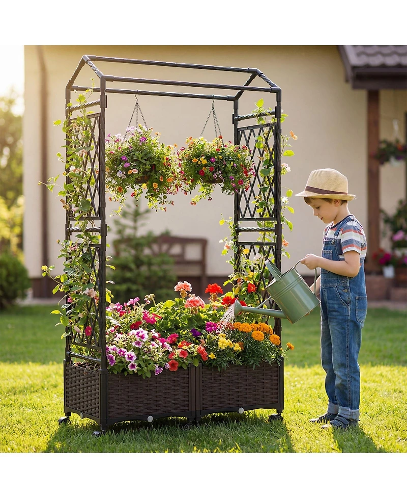 Gymax 2PCS Self-Watering Planter Boxes with Lattice Trellis and Roof