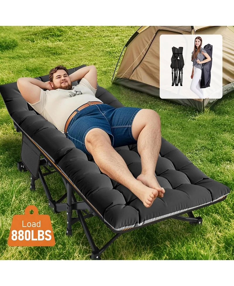 Aboron Folding Camping Cot with Mat: 75"x28". Heavy Duty 1200D Oxford Outdoor Bed for Adults Carry Bag. Portable Travel Camp