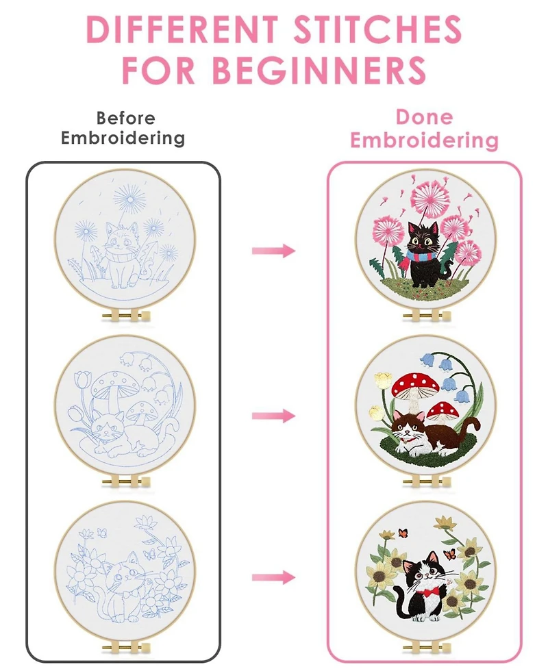 Gnuadz Embroidery Kit Cat Beginners Cloth Hoops Threads Hand Craft