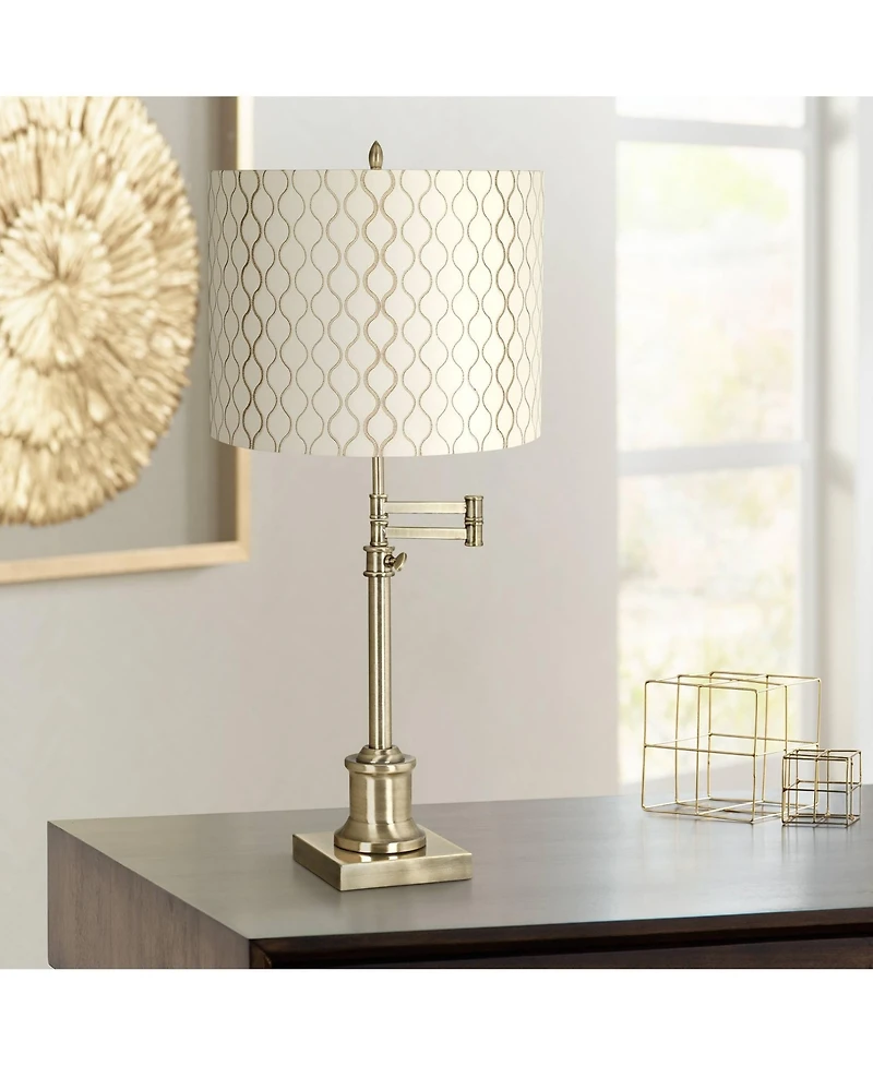 360 Lighting Swing Arm Desk Table Lamp 36" Tall Antique Brass Embroidered Hourglass Fabric Drum Shade for Living Room Bedroom
