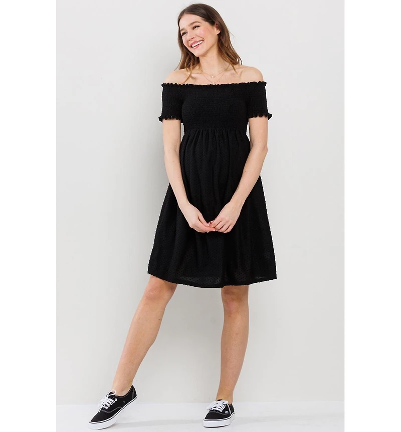 Hello Miz Maternity Off-the-Shoulder Smocked Swiss Dot Dress with Pockets