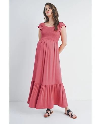 Hello Miz Maternity Smocked Empire Waist Maxi Sundress with Ruffle Hem