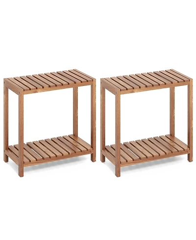 Gymax 2 pieces 2-Tier Side Table Teak Wood Stand Utility Storage Shelf Entryway Bench