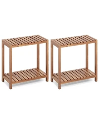 Gymax 2 pieces 2-Tier Side Table Teak Wood Stand Utility Storage Shelf Entryway Bench
