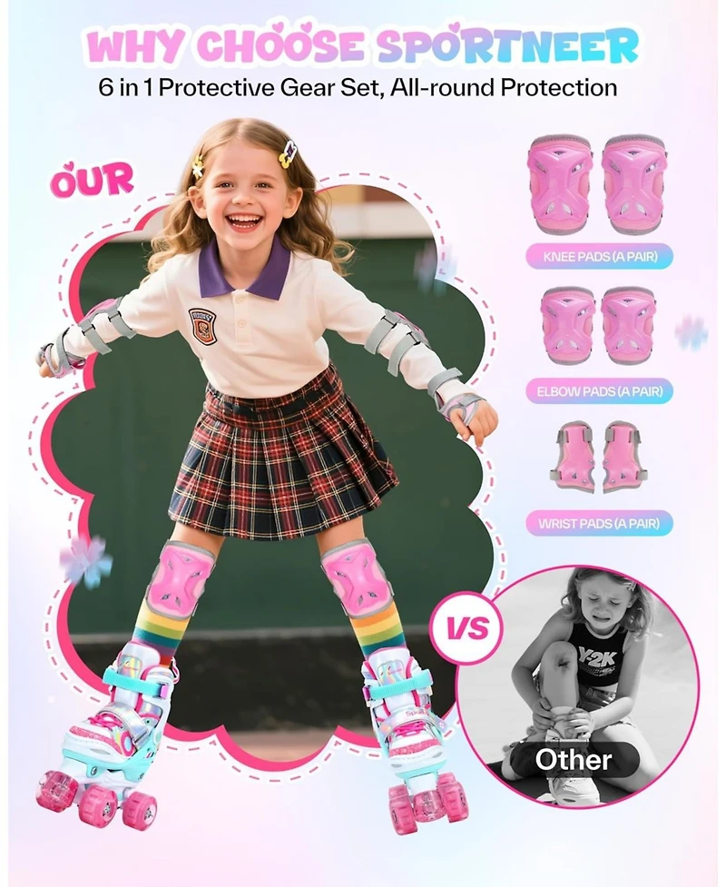 Sportneer Kids Roller Skates 4 Size Adjustable 8 Flash Led Wheels with Gear for Ages 3-12 Xs Foot Length 5.7 to 6.3 Inch Indoor Outdoor
