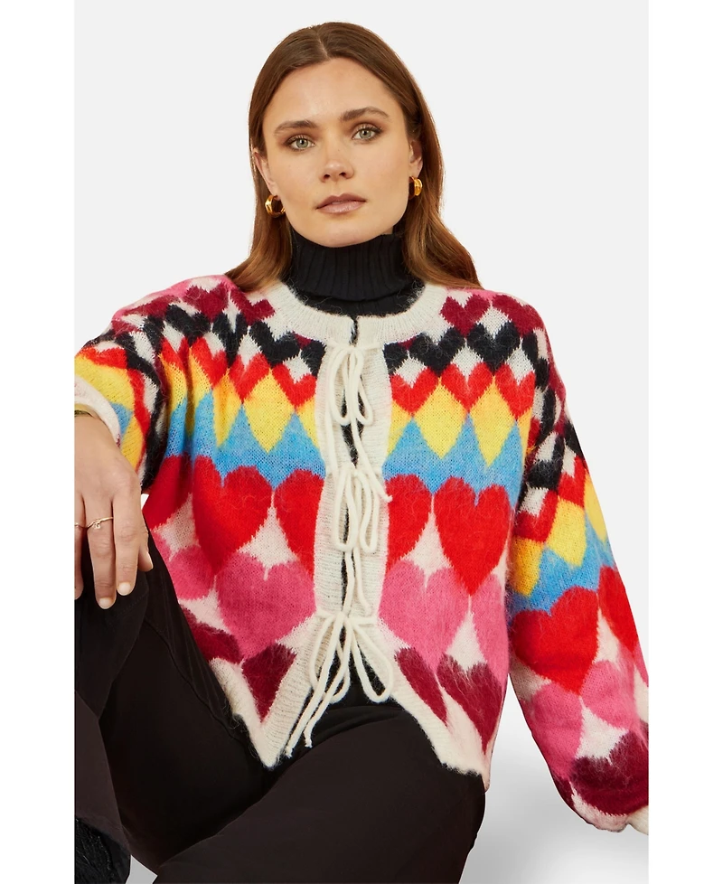 Yumi Women's Tie Front Heart Intarsia Cardigan
