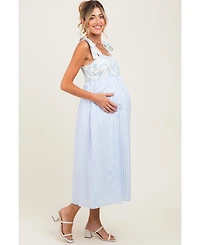 Pinkblush Women's Light Blue Floral Contrast Stripe Shoulder Tie Midi Dress