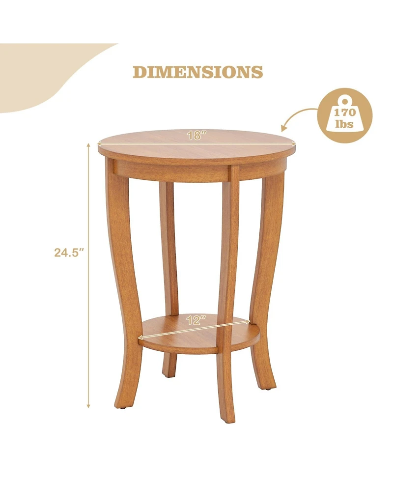 Slickblue Round Side Table with 2-Tier Storage and Solid Wood Legs for Bedroom or Living Room