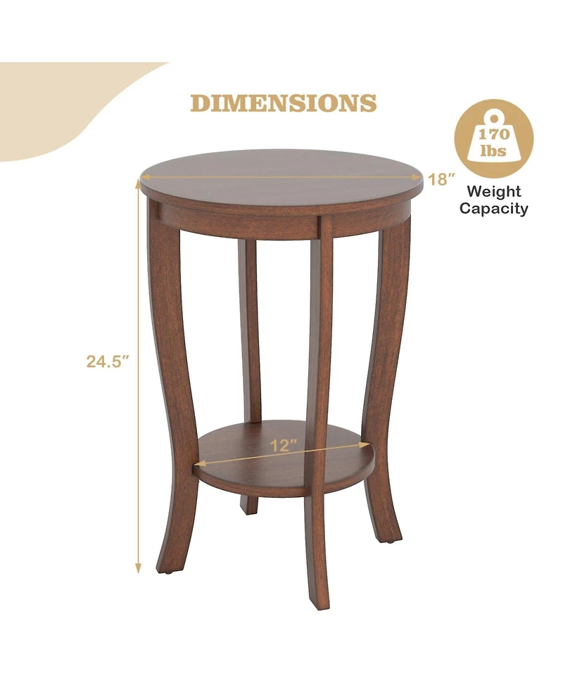 Slickblue Round Side Table with 2-Tier Storage and Solid Wood Legs for Bedroom or Living Room