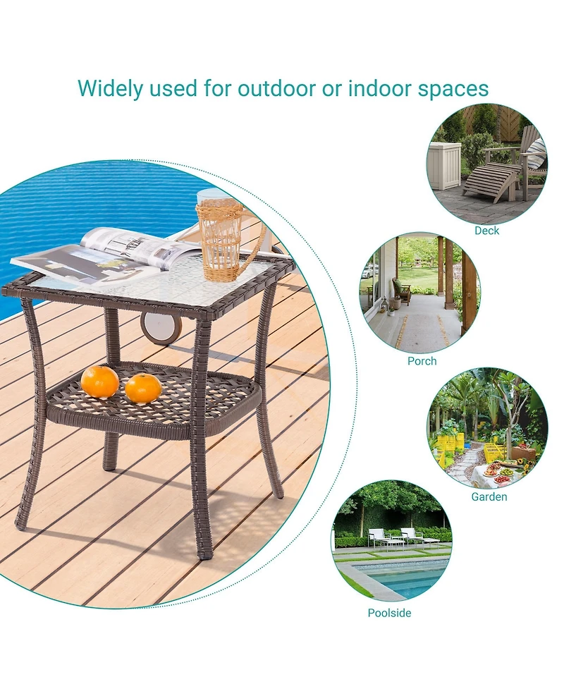 Sonkuki Outdoor Pe Rattan Side Table, Water-Corrugated Glass Tabletop Water-Proof for Indoor and