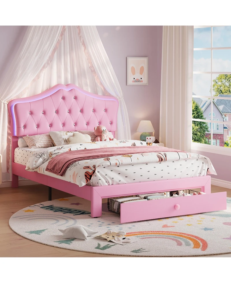 gaomon Upholstered Platform Bed Frame with Led Lights, Crystal Tufted Headboard, Storage Drawer, Noise-Free Slats