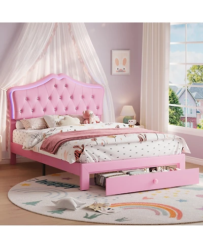 gaomon Upholstered Platform Bed Frame with Led Lights, Crystal Tufted Headboard, Storage Drawer, Noise-Free Slats