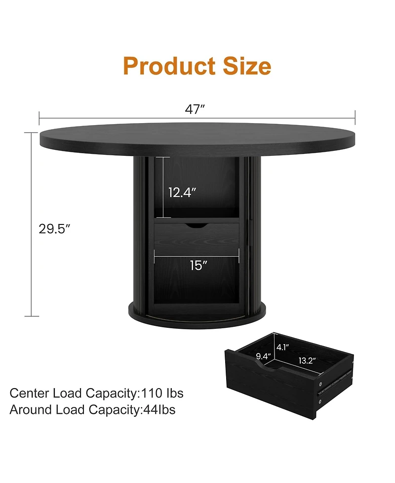 homfan Farmhouse 47" Round Dining Table for 4-6 - Modern Circle Table with 2-Layer Storage Shelf and Drawer