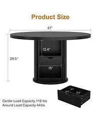 homfan Farmhouse 47" Round Dining Table for 4-6 - Modern Circle Table with 2-Layer Storage Shelf and Drawer