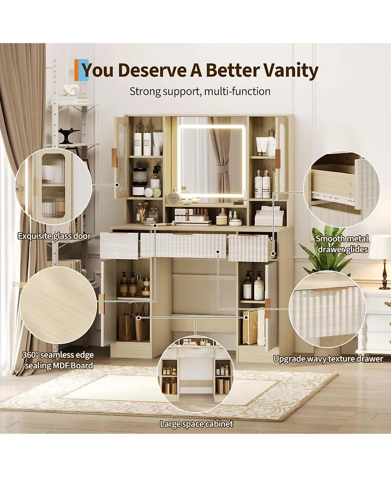 Homfan Vanity Desk with Mirror and Adjustable Led Lights, 2 Glass Cabinets, 2 Spacious Cabinets, 3 Wavy Drawers, Makeup Dressing Table for Bedroom