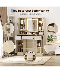 Homfan Vanity Desk with Mirror and Adjustable Led Lights, 2 Glass Cabinets, 2 Spacious Cabinets, 3 Wavy Drawers, Makeup Dressing Table for Bedroom