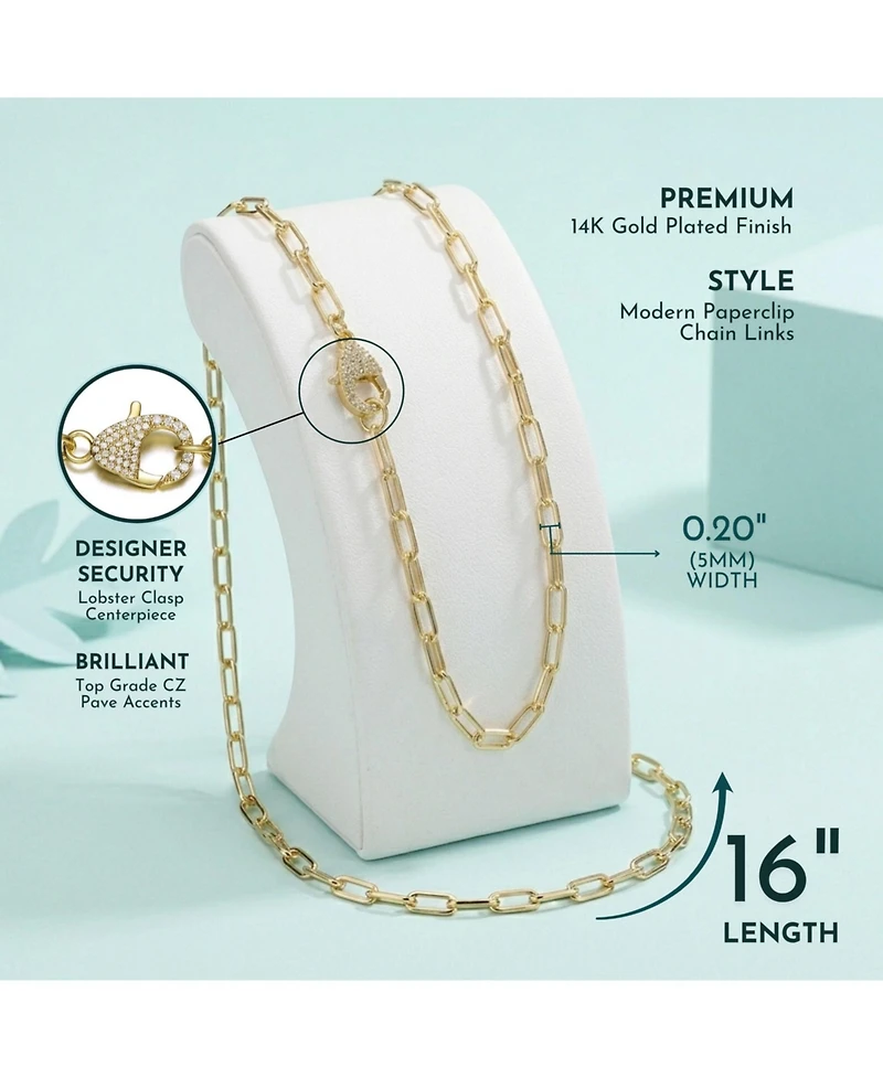 14K Gold Plated Cubic Zirconia Pave Clasp Paperclip Link Necklace